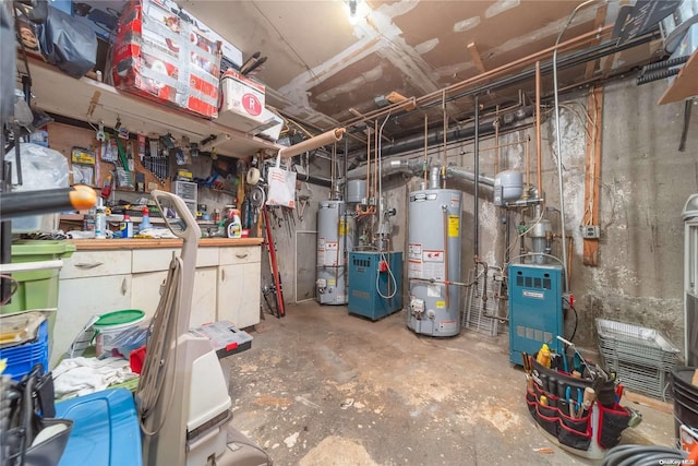 basement with a workshop area and water heater