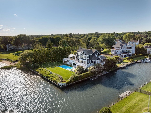 drone / aerial view with a water view