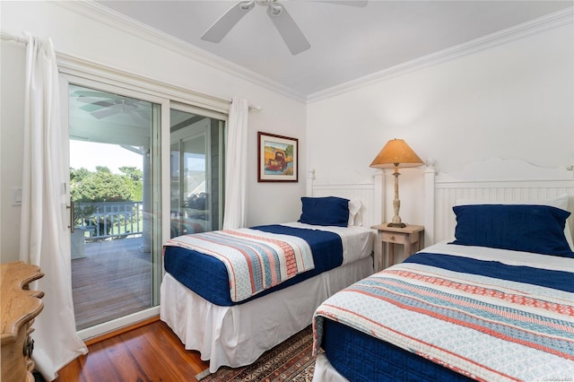 bedroom with access to outside, crown molding, ceiling fan, and dark wood-type flooring