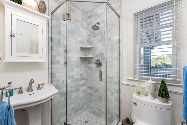 bathroom with sink, a shower with shower door, and toilet