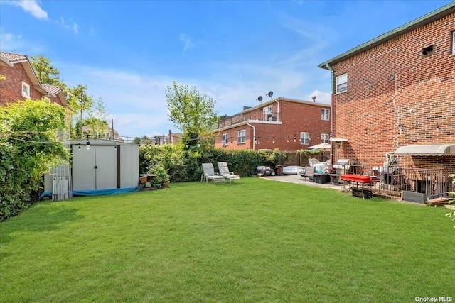 view of yard featuring a patio and a shed