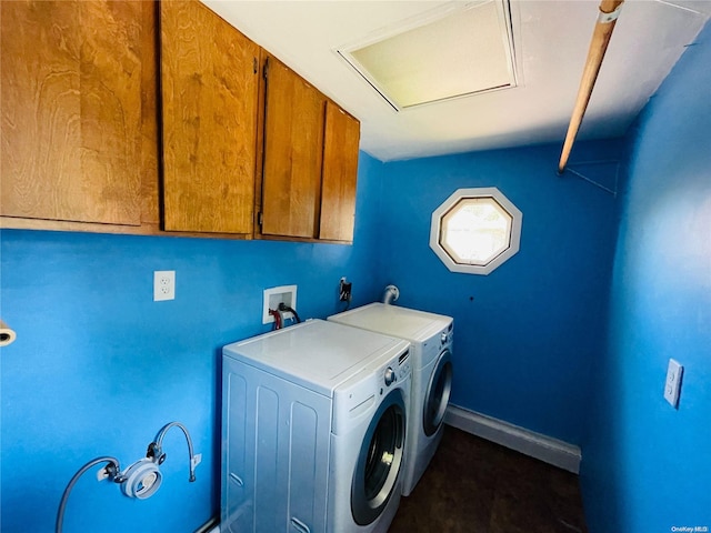 laundry room with washer and dryer and cabinets