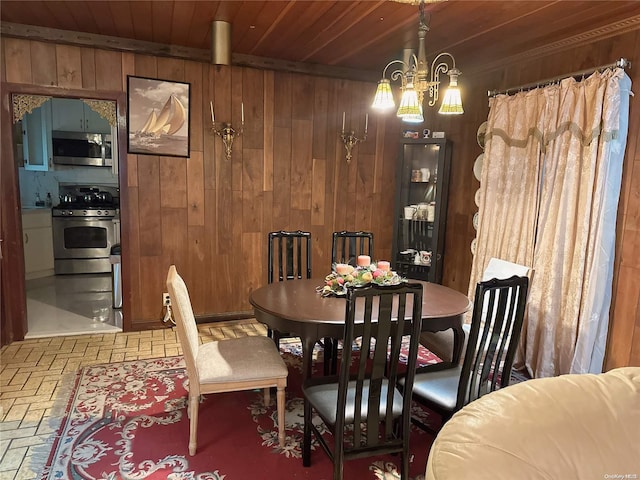 dining space with a notable chandelier, wood walls, and wooden ceiling