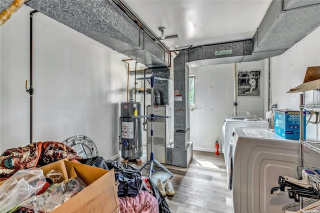 1 Smith St, Glen Head, NY 11545 - below grade area featuring water heater, independent washer and dryer, and wood finished floors