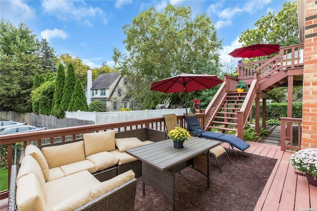 1 Smith St, Glen Head, NY 11545 - wooden deck featuring an outdoor living space, a fenced backyard, and stairway