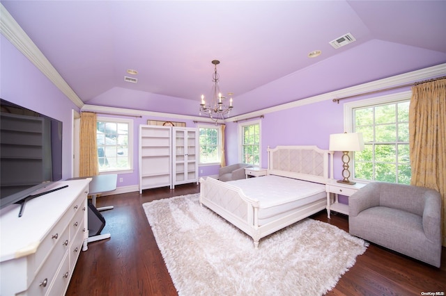 bedroom with a notable chandelier, lofted ceiling, dark wood-type flooring, and multiple windows