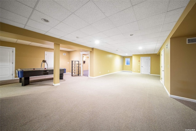 basement featuring carpet floors, a drop ceiling, and billiards