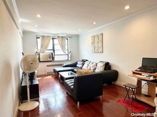 living room with dark hardwood / wood-style floors, crown molding, and radiator