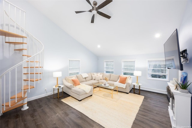 living room featuring baseboard heating, ceiling fan, high vaulted ceiling, and dark wood-type flooring