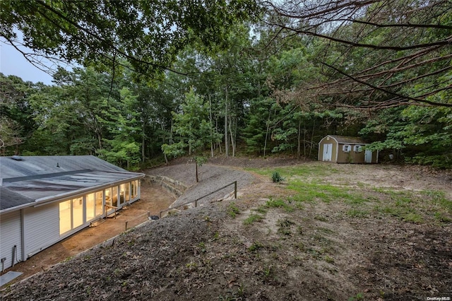 view of yard featuring a shed