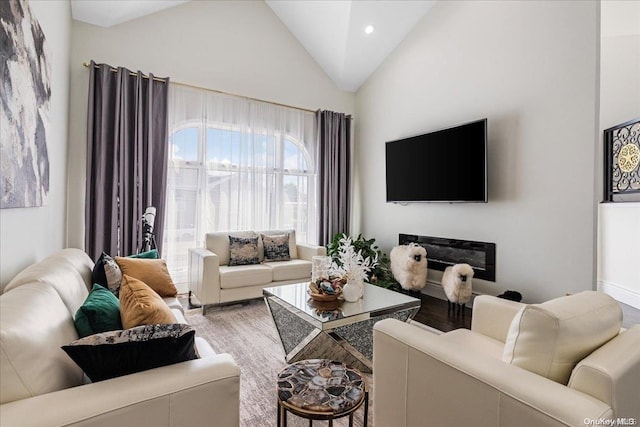 living room with light hardwood / wood-style floors and high vaulted ceiling