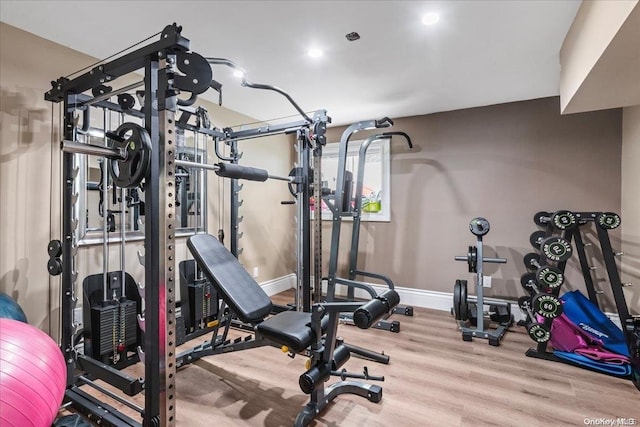 exercise room featuring hardwood / wood-style flooring