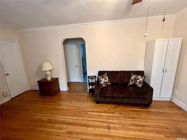 living room with light hardwood / wood-style floors and ornamental molding