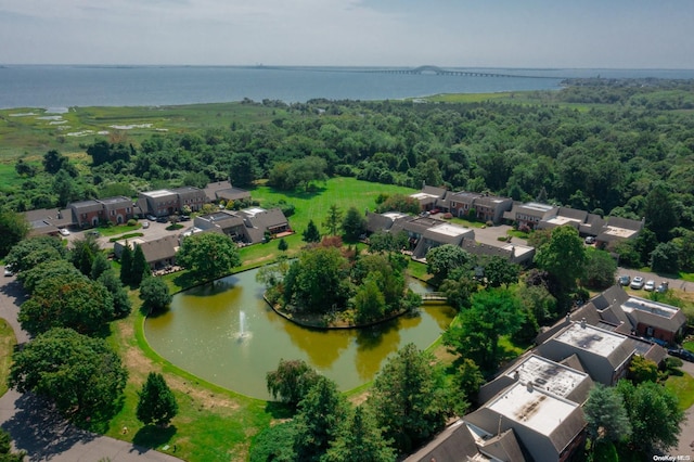 drone / aerial view with a water view