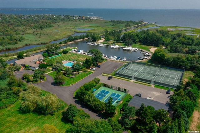 bird's eye view with a water view