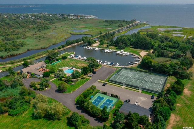 aerial view featuring a water view