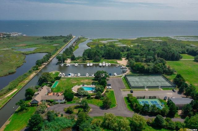 aerial view featuring a water view