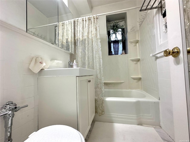 bathroom featuring toilet and shower / bathtub combination with curtain