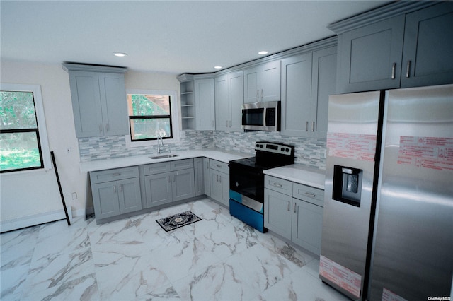 kitchen with backsplash, gray cabinets, sink, and stainless steel appliances