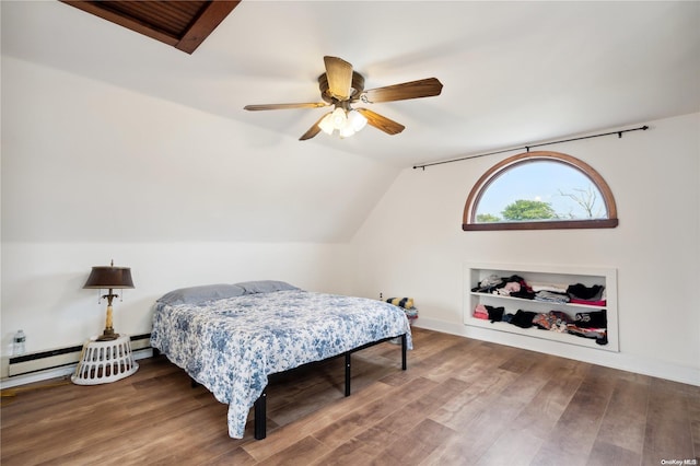 bedroom featuring wood-type flooring, ceiling fan, and lofted ceiling