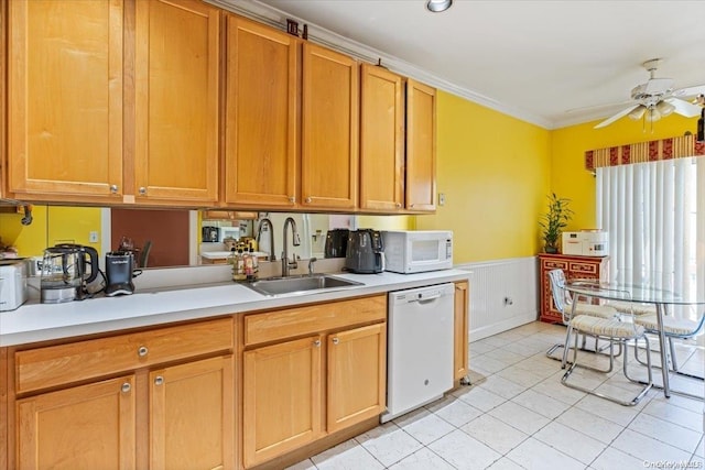 kitchen with ceiling fan, light tile patterned flooring, white appliances, and sink