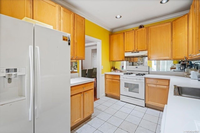 kitchen featuring crown molding, sink, light tile patterned floors, and white appliances