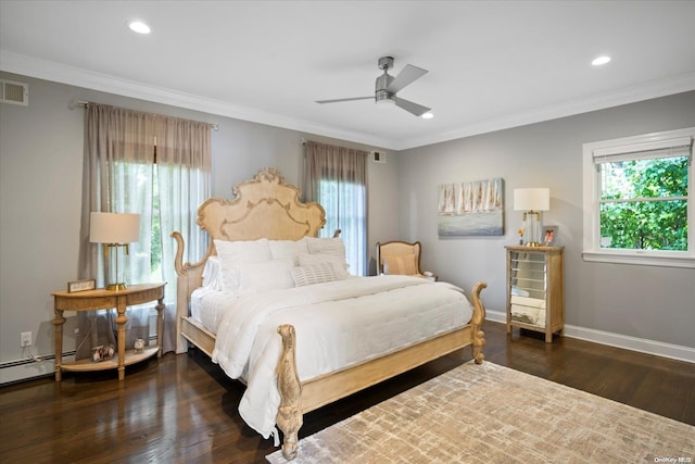 bedroom with ceiling fan, dark hardwood / wood-style floors, and crown molding