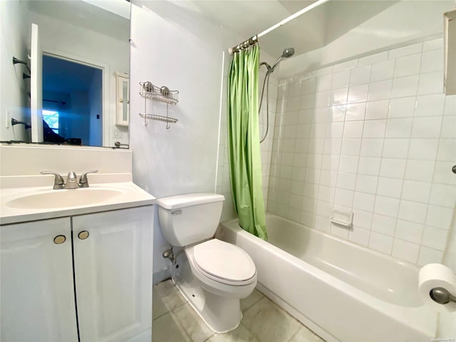 full bathroom featuring vanity, shower / tub combo, and toilet