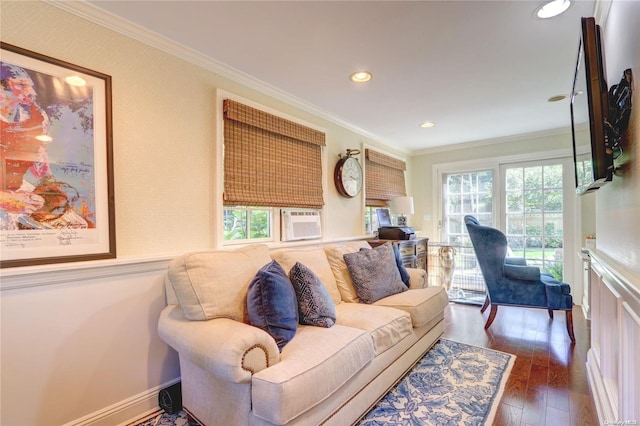 living room with ornamental molding, cooling unit, and dark wood-type flooring