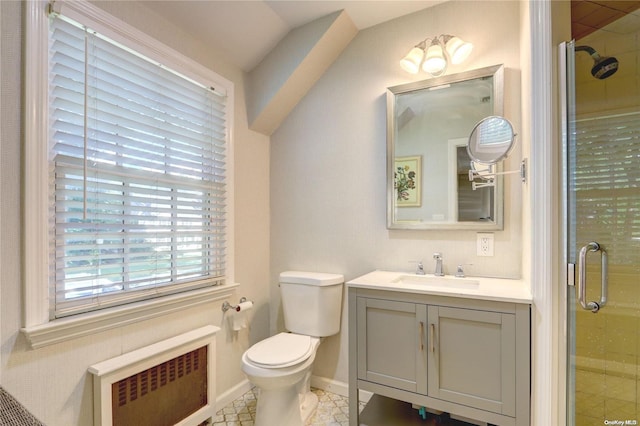 bathroom featuring tile patterned floors, walk in shower, radiator, vanity, and toilet