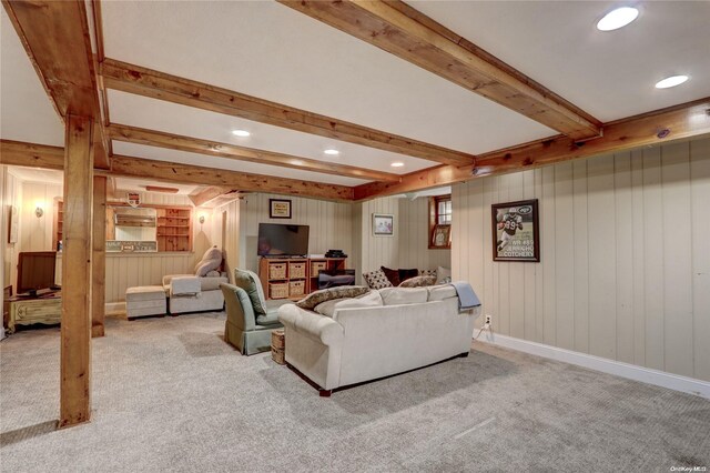 122 Roxen Rd, Rockville Centre, NY 11570 - living area featuring beamed ceiling, carpet floors, recessed lighting, and wooden walls