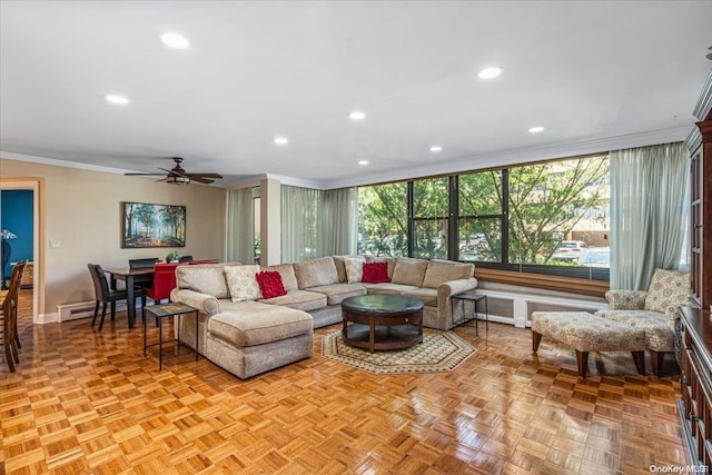 living room featuring crown molding, light parquet flooring, and ceiling fan