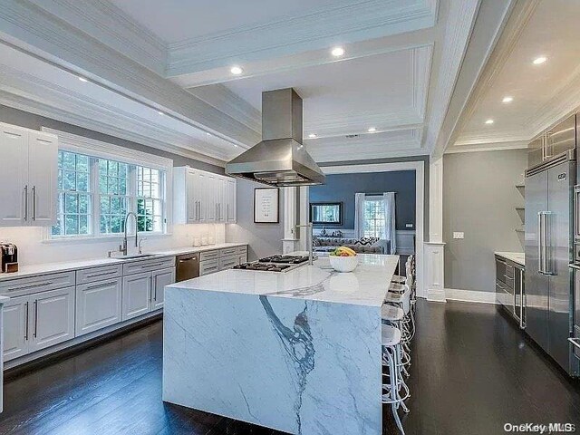 kitchen with island exhaust hood, light stone counters, crown molding, sink, and a kitchen island