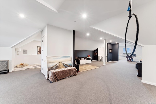 carpeted bedroom with lofted ceiling and electric panel