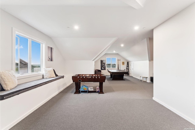 playroom featuring carpet flooring, billiards, and vaulted ceiling