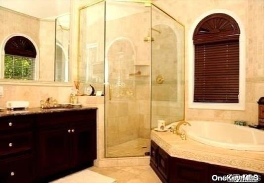 bathroom with separate shower and tub and vanity