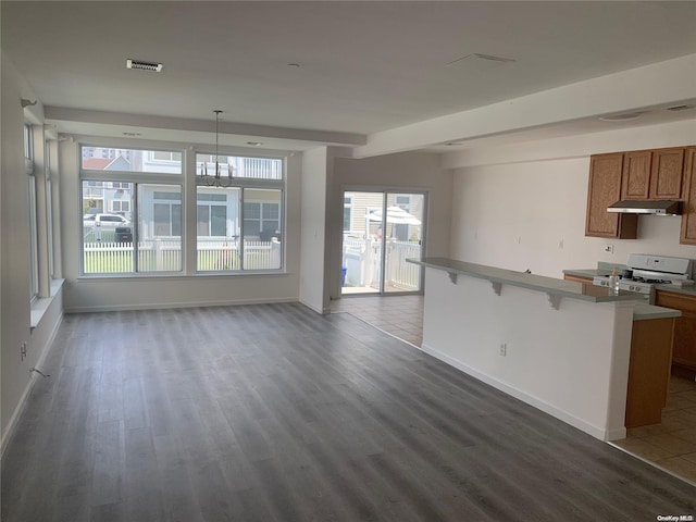 kitchen featuring hanging light fixtures, dark hardwood / wood-style floors, ventilation hood, a kitchen bar, and white gas range oven