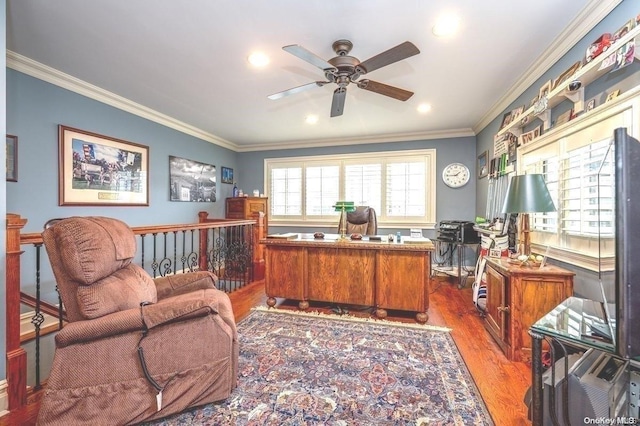 office area with crown molding, hardwood / wood-style floors, and ceiling fan