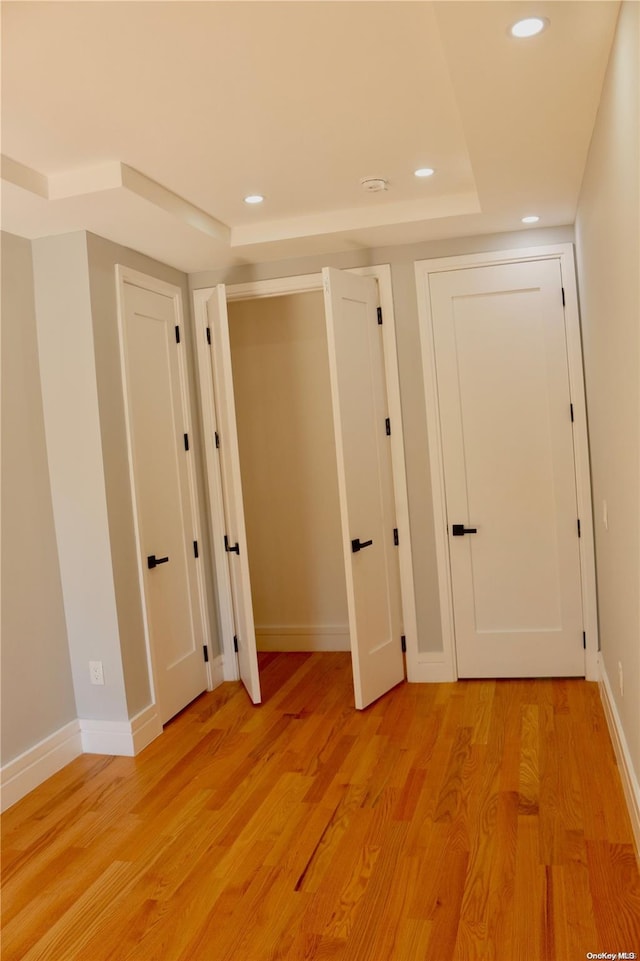 interior space with a tray ceiling and light hardwood / wood-style floors