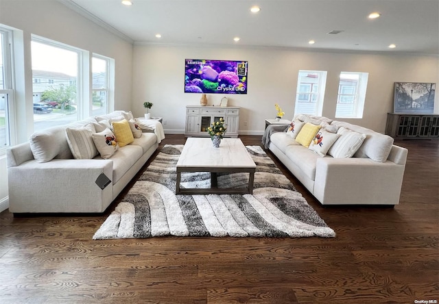 living room with ornamental molding, a wealth of natural light, and dark wood-type flooring