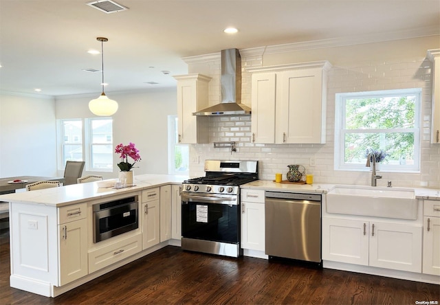 kitchen with sink, wall chimney range hood, kitchen peninsula, white cabinets, and appliances with stainless steel finishes