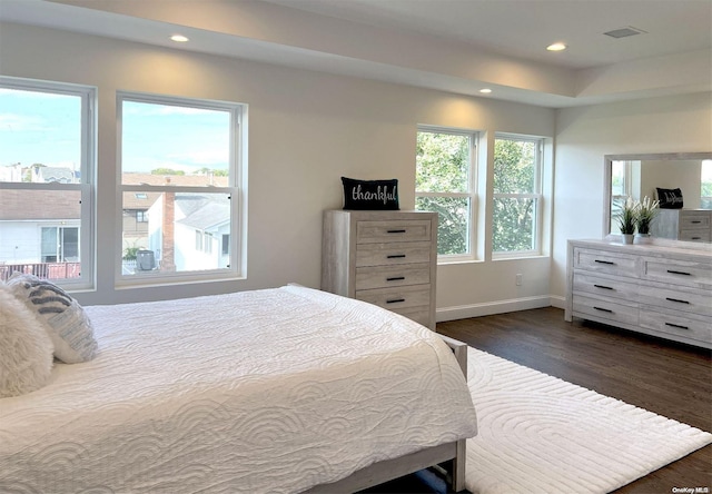 bedroom with dark hardwood / wood-style floors