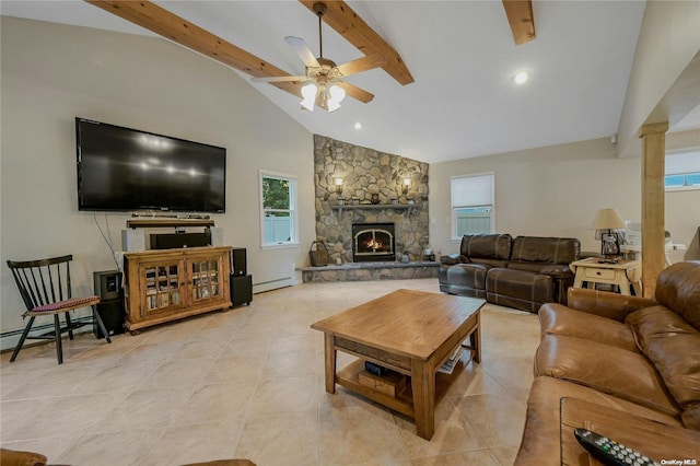 tiled living room with beamed ceiling, ceiling fan, a fireplace, and a baseboard heating unit