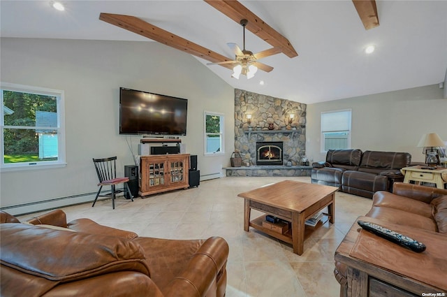 living room with beamed ceiling, a baseboard radiator, a stone fireplace, and ceiling fan