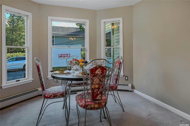 dining room featuring carpet and baseboard heating