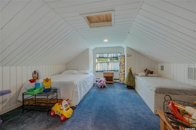 carpeted bedroom featuring wooden walls and lofted ceiling