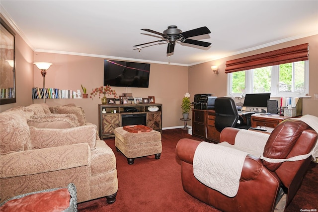 living room with crown molding, ceiling fan, and dark colored carpet