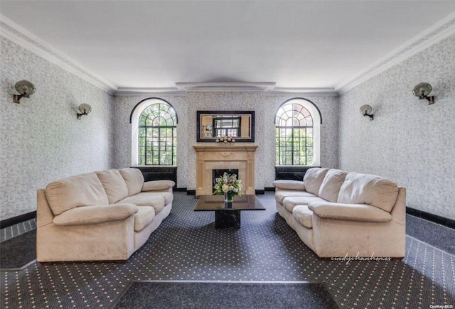 living room featuring crown molding