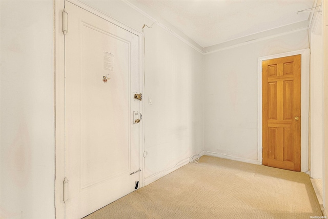 interior space with light carpet and crown molding