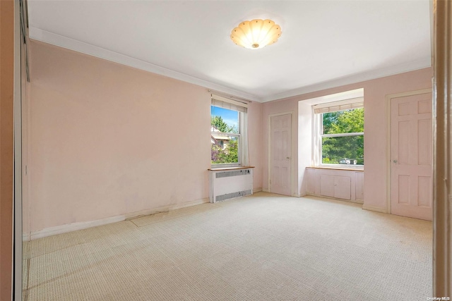 carpeted spare room featuring radiator and ornamental molding